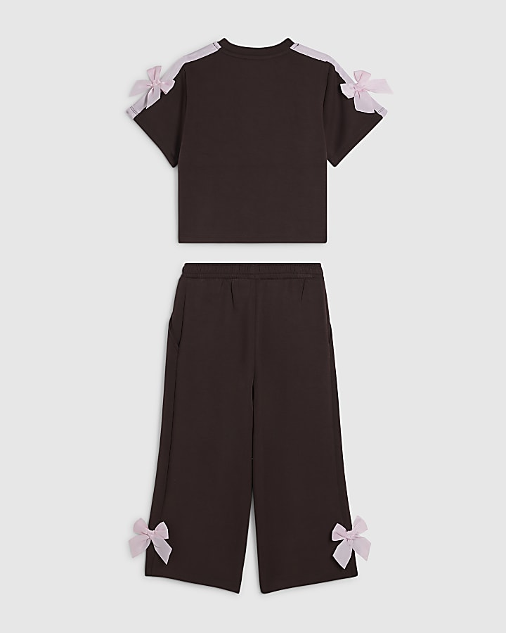 Mini Girls Brown Premium Bow T-Shirt Set