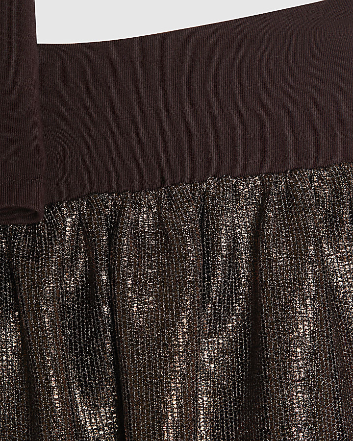 Mini Girls Brown Plisse Skirt Set
