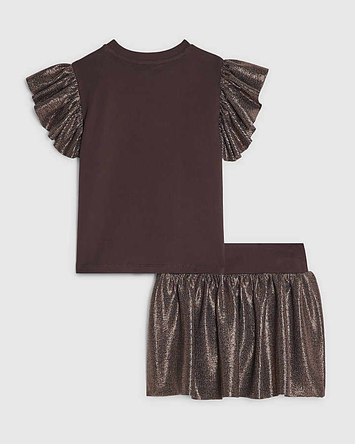 Mini Girls Brown Plisse Skirt Set