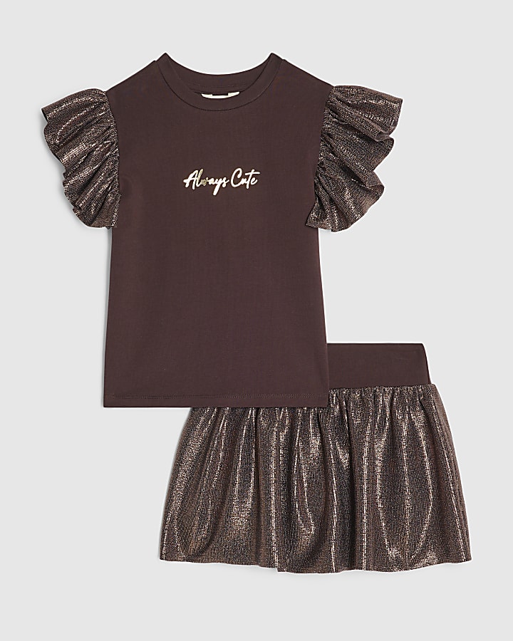 Mini Girls Brown Plisse Skirt Set