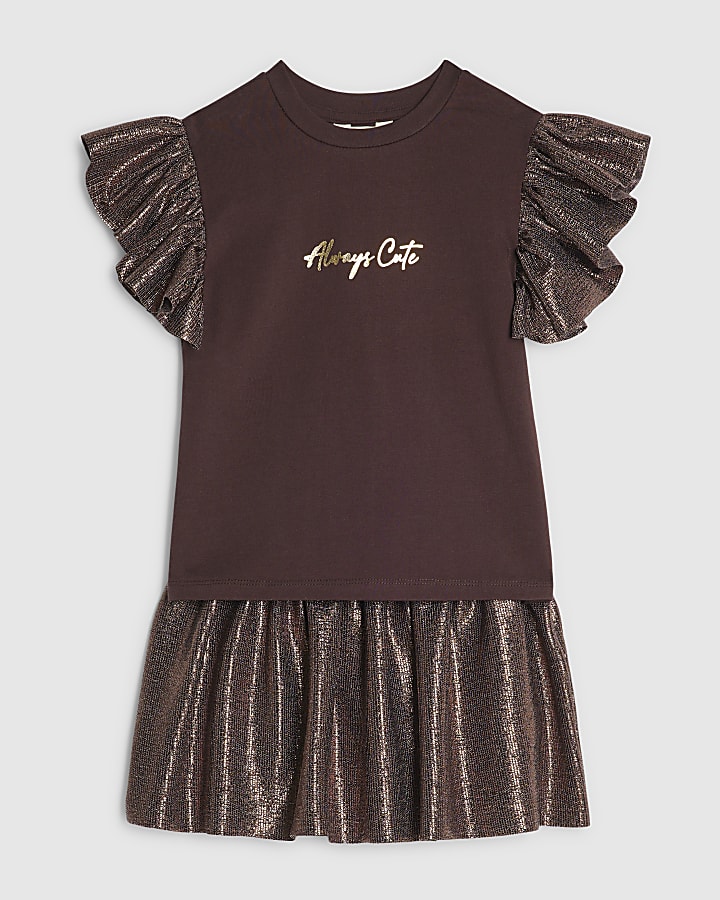Mini Girls Brown Plisse Skirt Set