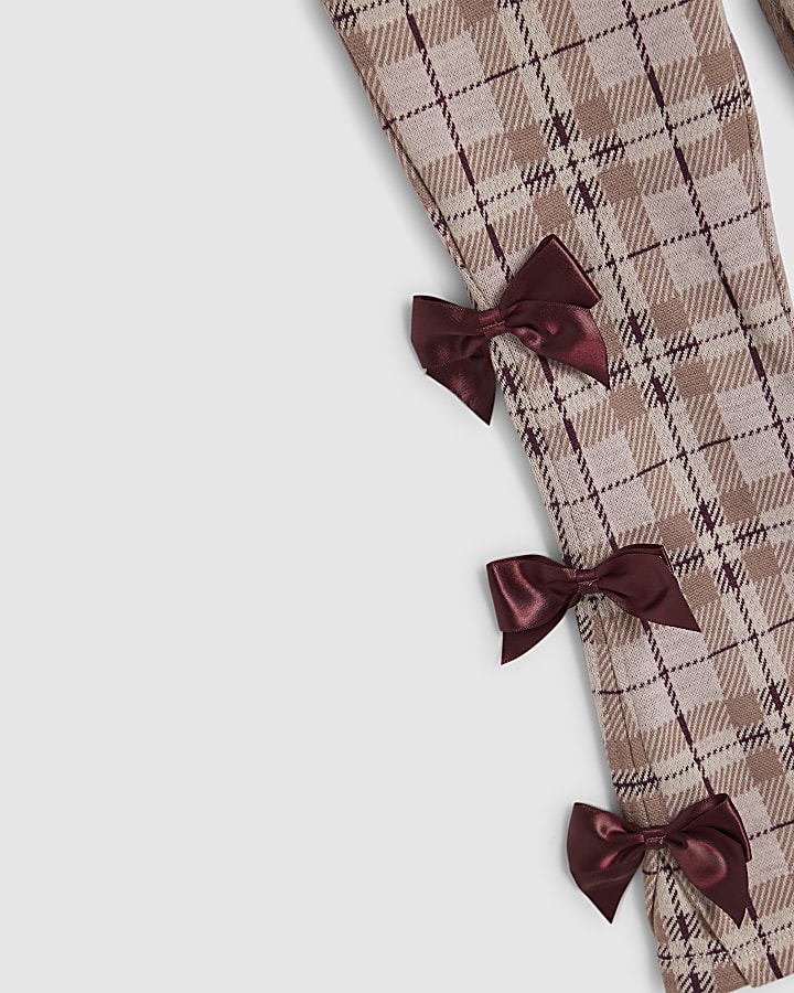 Mini Girls Brown Check Bow Flared Leggings