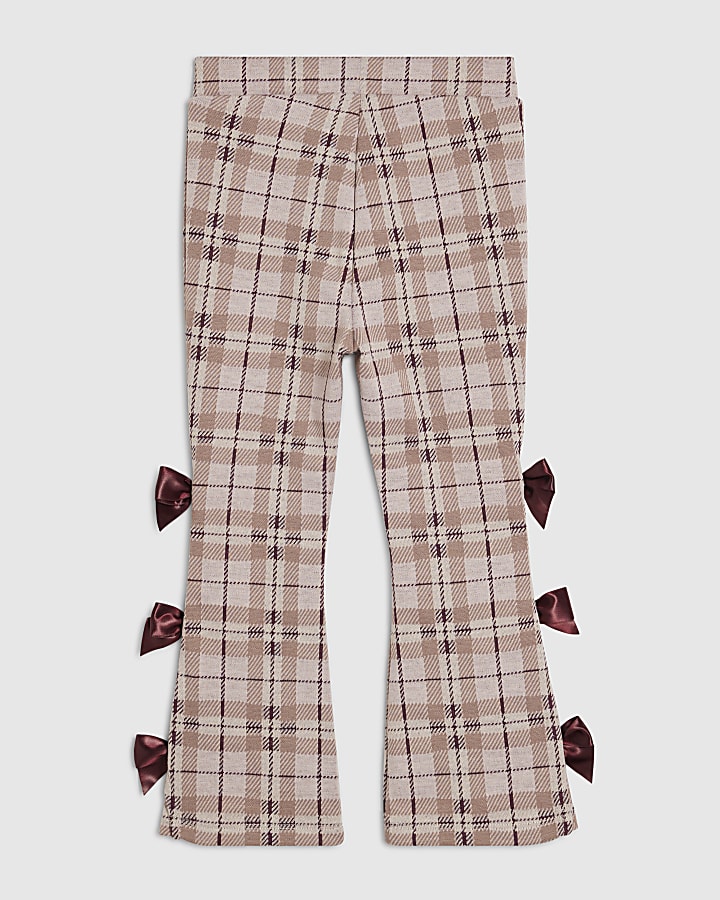 Mini Girls Brown Check Bow Flared Leggings