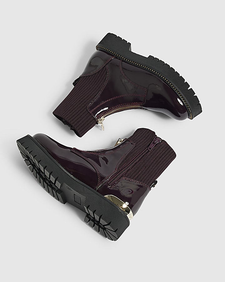Girls Burgundy Ribbed Cuff Zip Front Boots