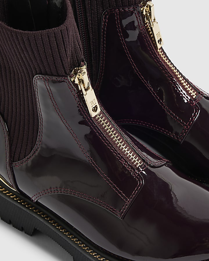 Girls Burgundy Ribbed Cuff Zip Front Boots