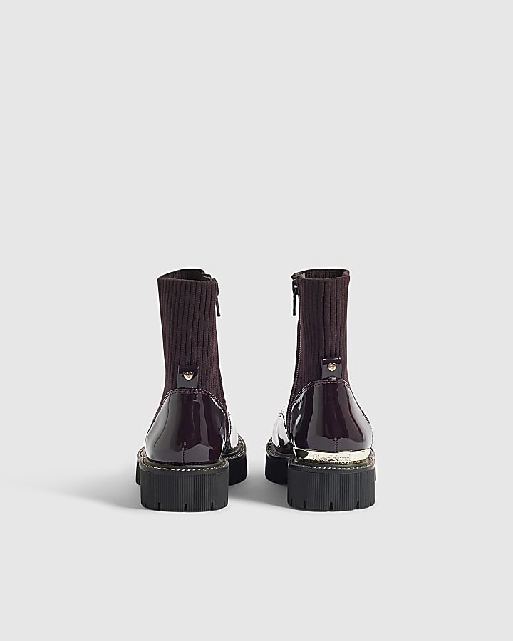 Girls Burgundy Ribbed Cuff Zip Front Boots