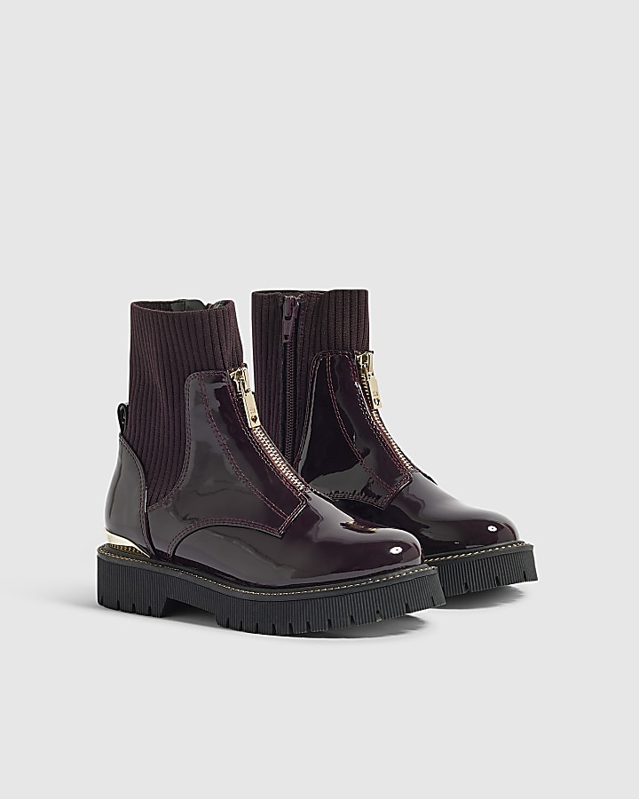 Girls Burgundy Ribbed Cuff Zip Front Boots
