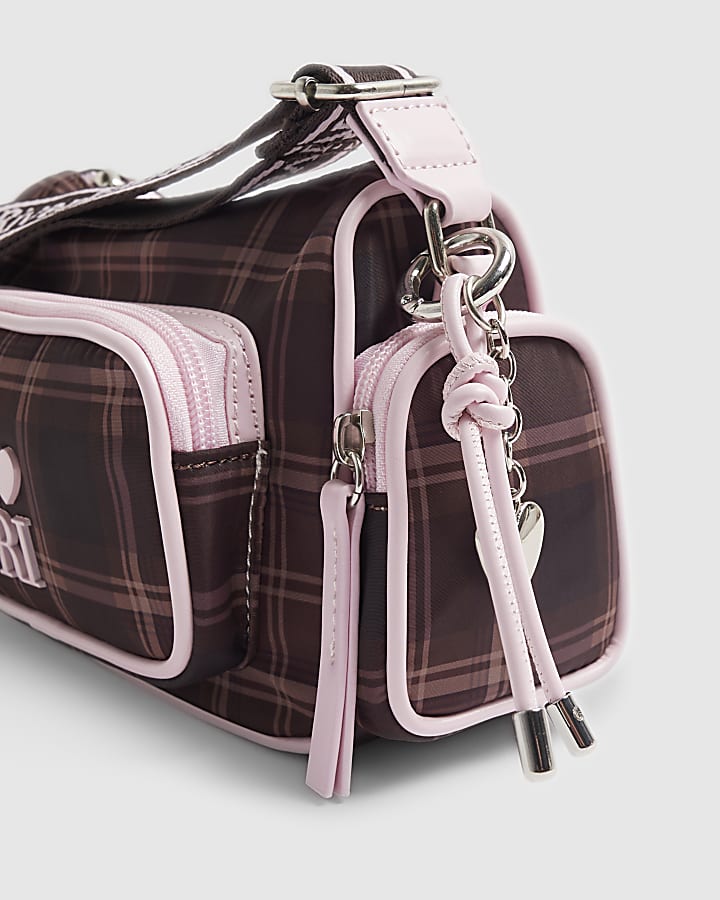 Girls Brown Check Cross Body Bag With Charms