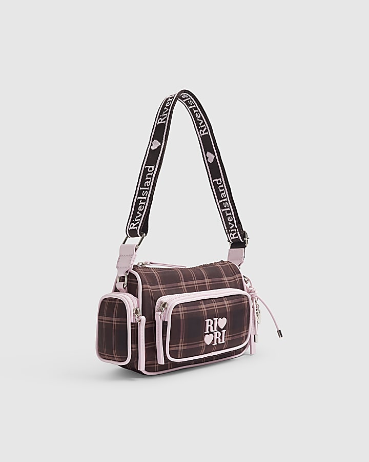 Girls Brown Check Cross Body Bag With Charms