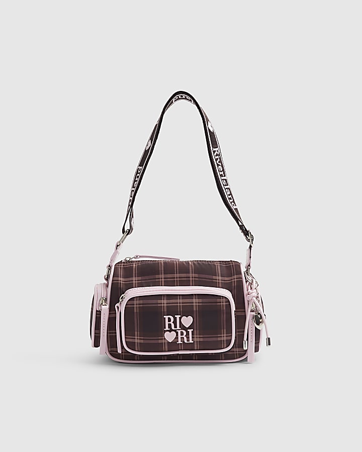 Girls Brown Check Cross Body Bag With Charms