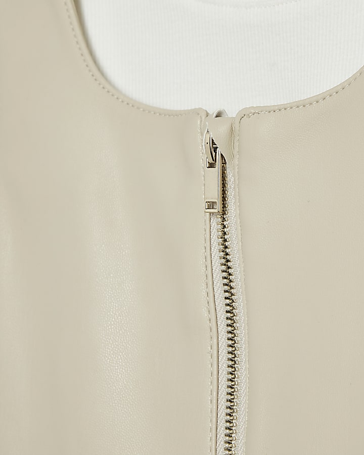 Mini Girls Cream Faux Leather Pinafore Dress