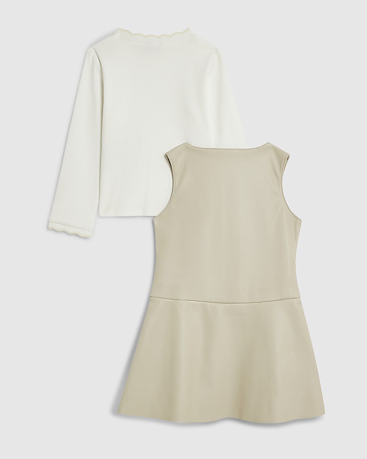 Mini Girls Cream Faux Leather Pinafore Dress