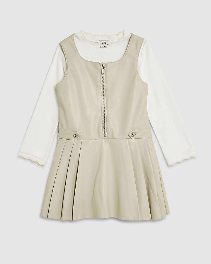 Mini Girls Cream Faux Leather Pinafore Dress