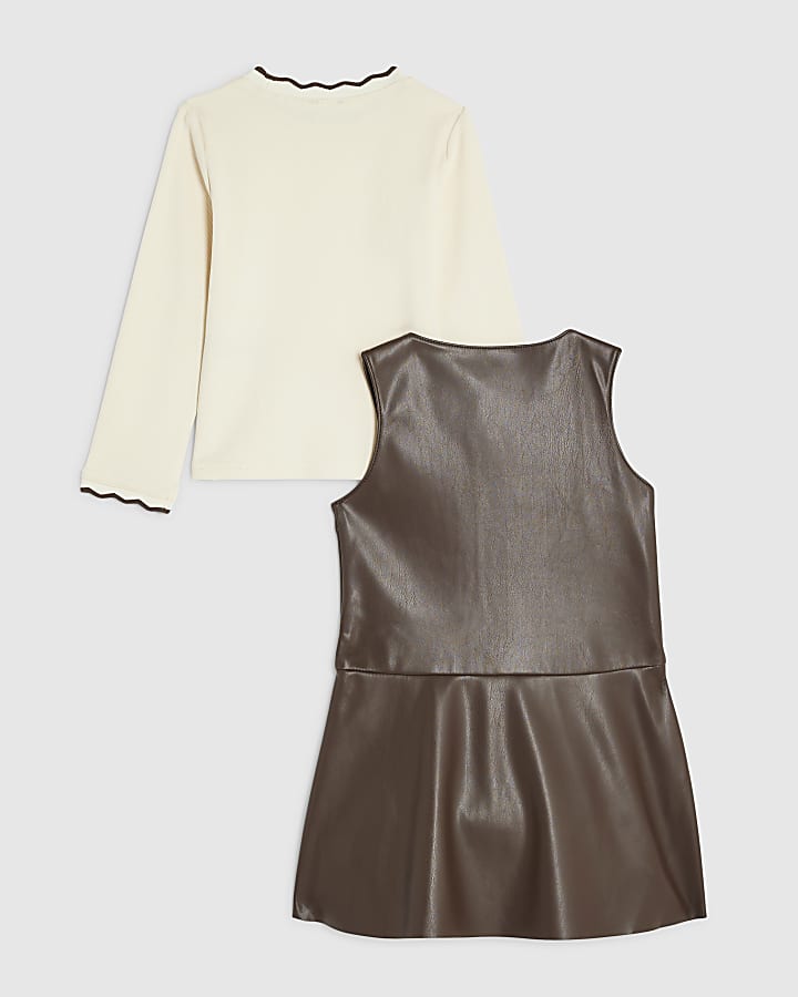 Mini Girls Brown Faux Leather Pinafore Dress
