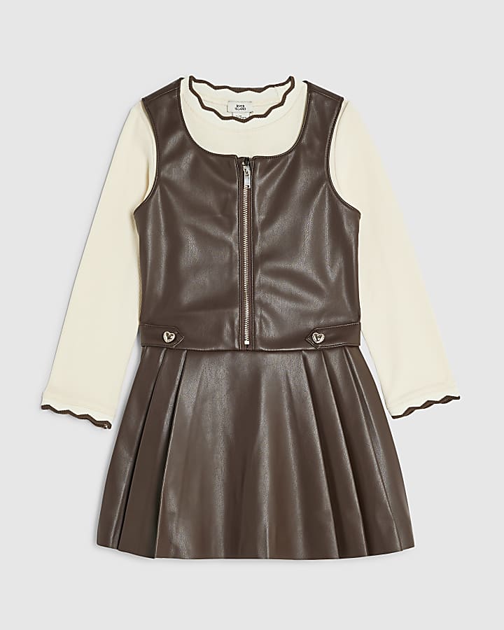 Mini Girls Brown Faux Leather Pinafore Dress