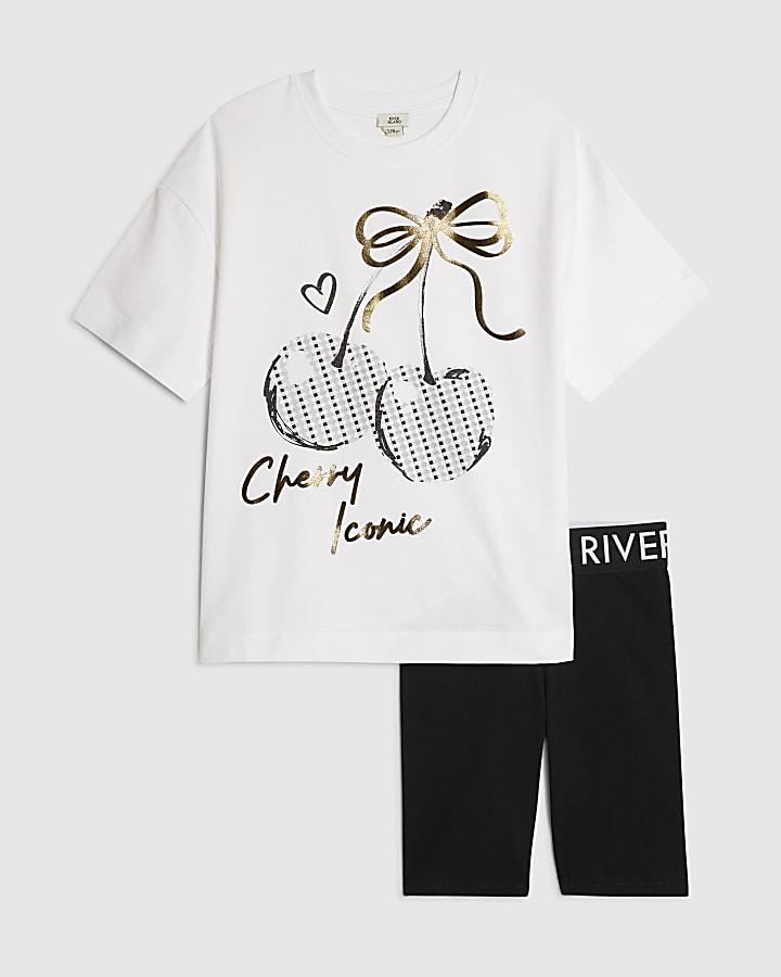 Girls White Cherry T-Shirt Cycle Shorts Set