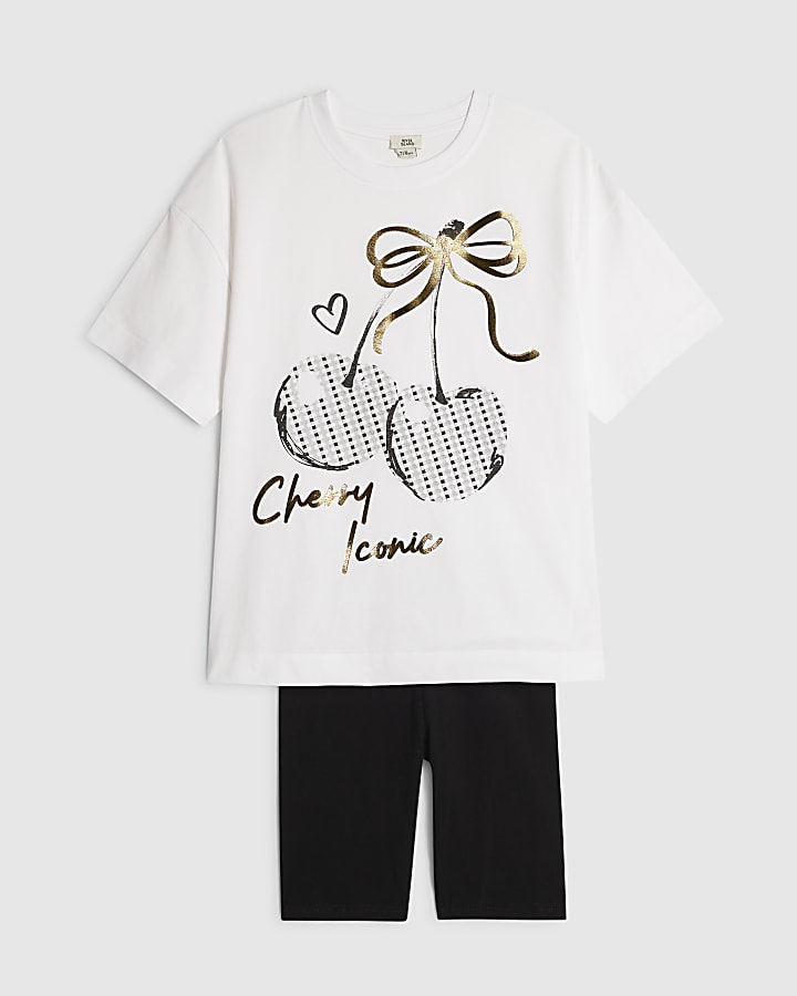 Girls White Cherry T-Shirt Cycle Shorts Set