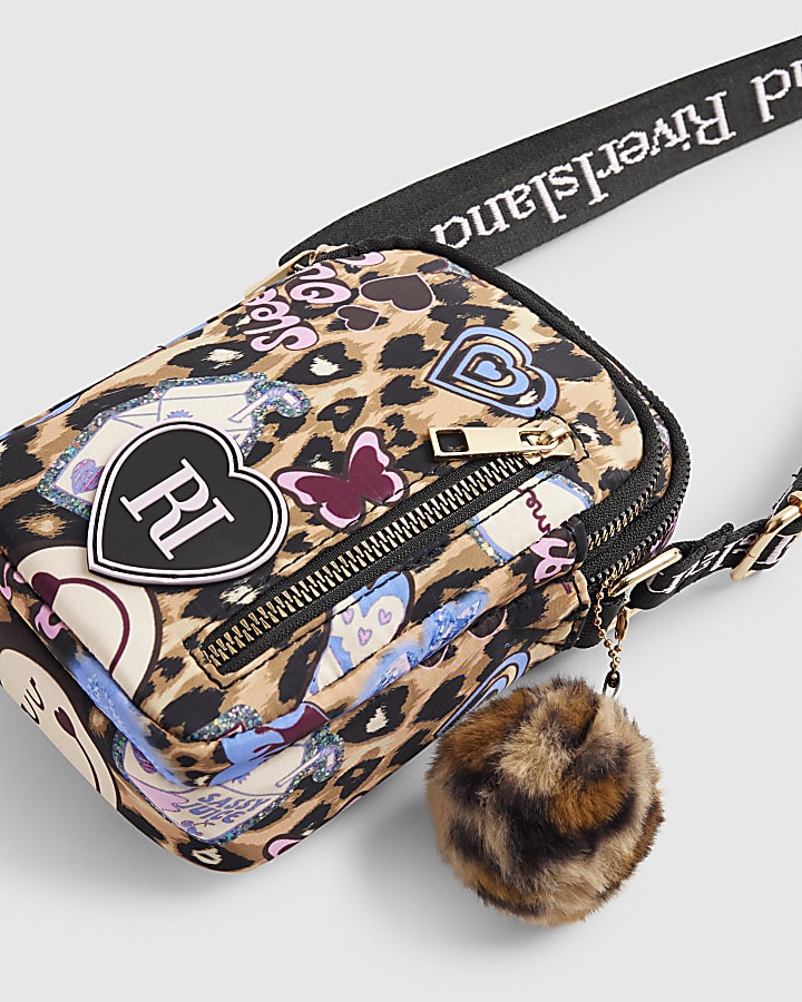 Girls Brown Leopard Printed Crossbody Bag