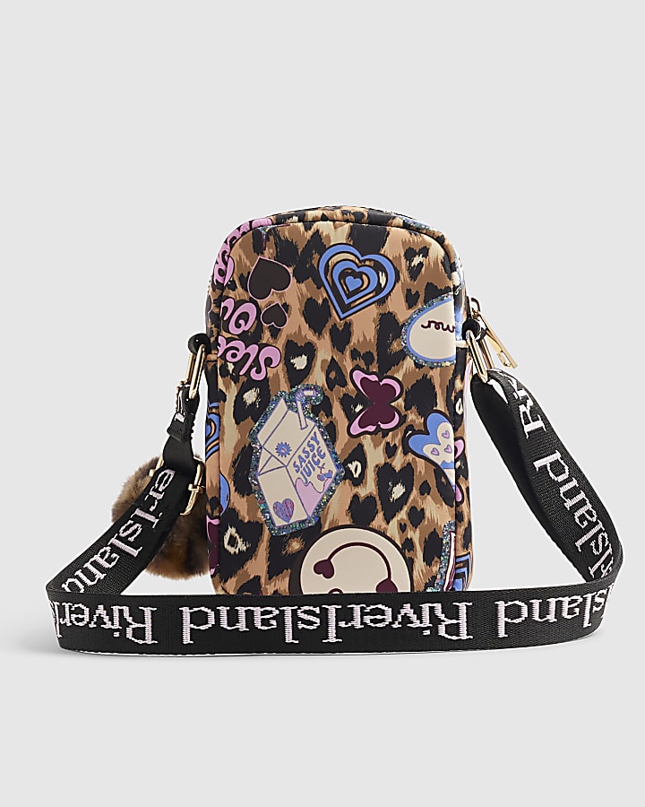 Girls Brown Leopard Printed Crossbody Bag