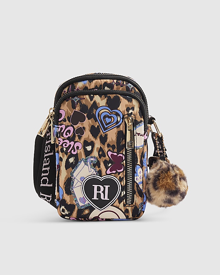 Girls Brown Leopard Printed Crossbody Bag
