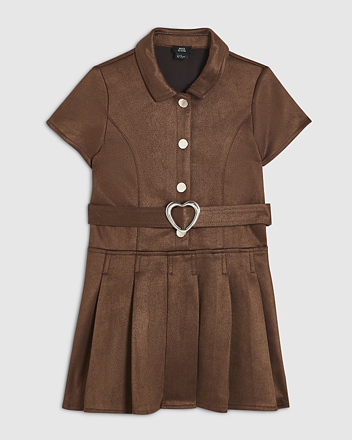 Mini Girls Brown Belted Faux Suede Dress