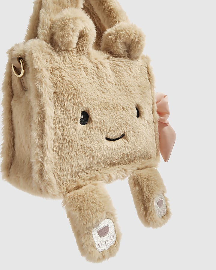 Girls Beige Faux Fur Face Crossbody Bag