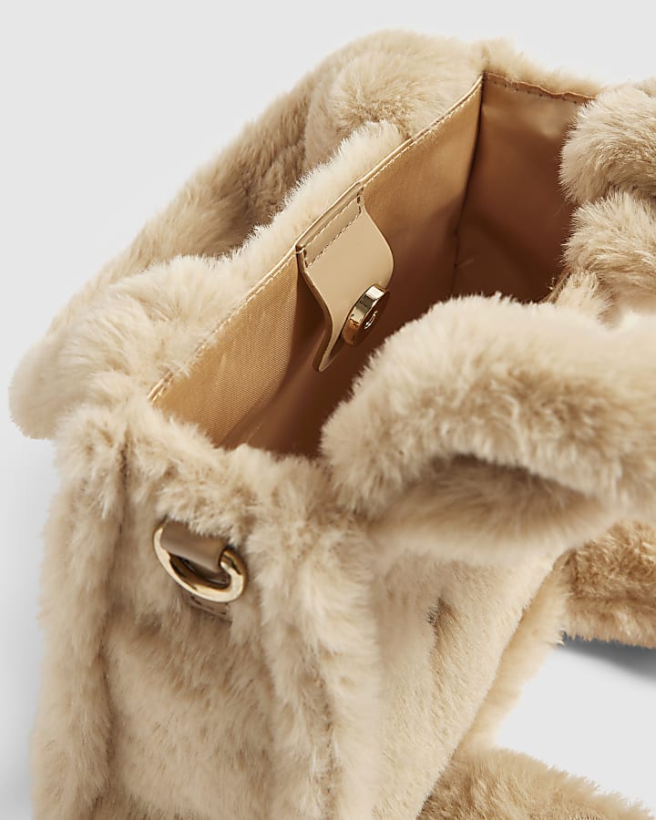 Girls Beige Faux Fur Face Crossbody Bag