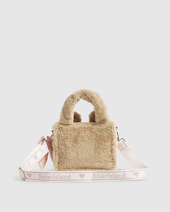 Girls Beige Faux Fur Face Crossbody Bag