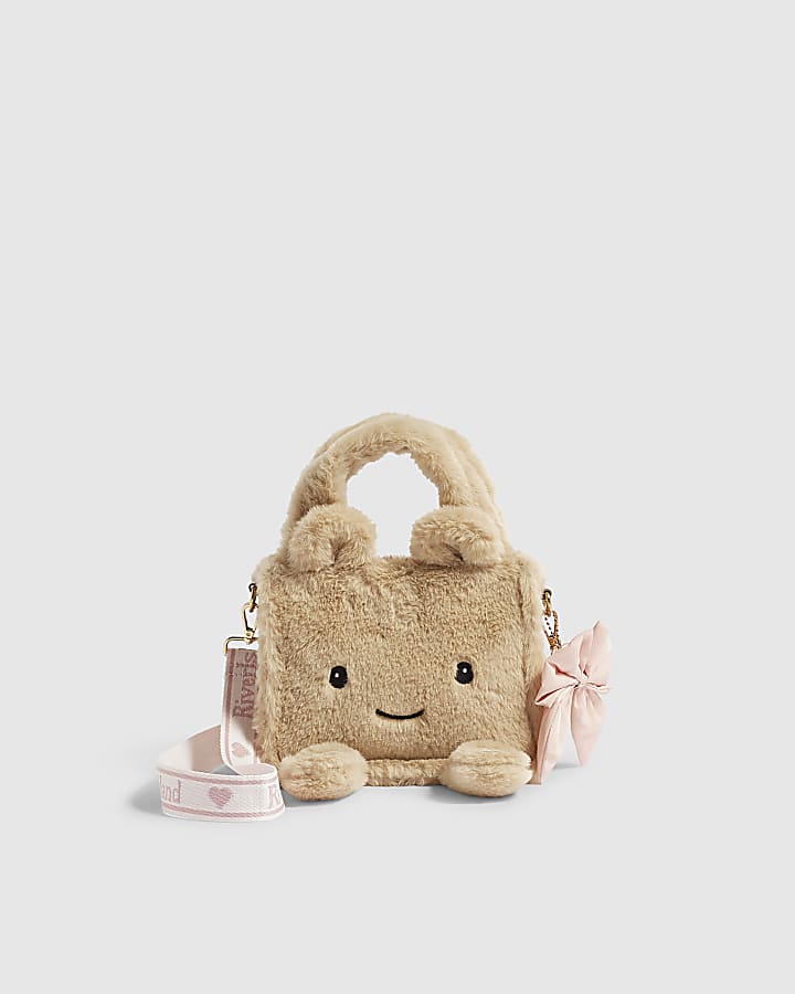 Girls Beige Faux Fur Face Crossbody Bag