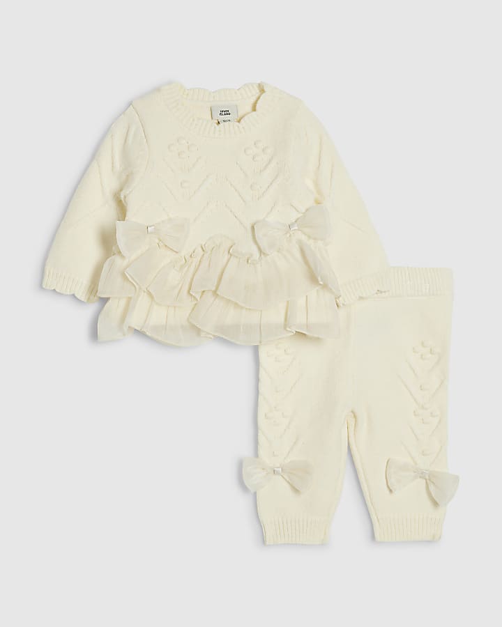 Baby Girls Cream Bow Tulle Knit Cardigan Set