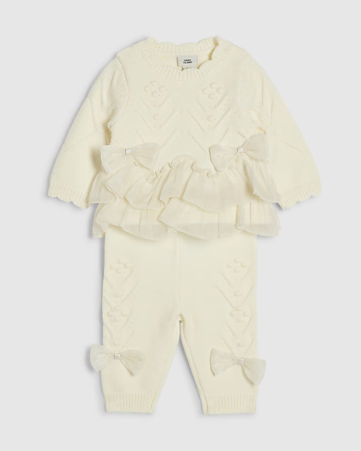 Baby Girls Cream Bow Tulle Knit Cardigan Set