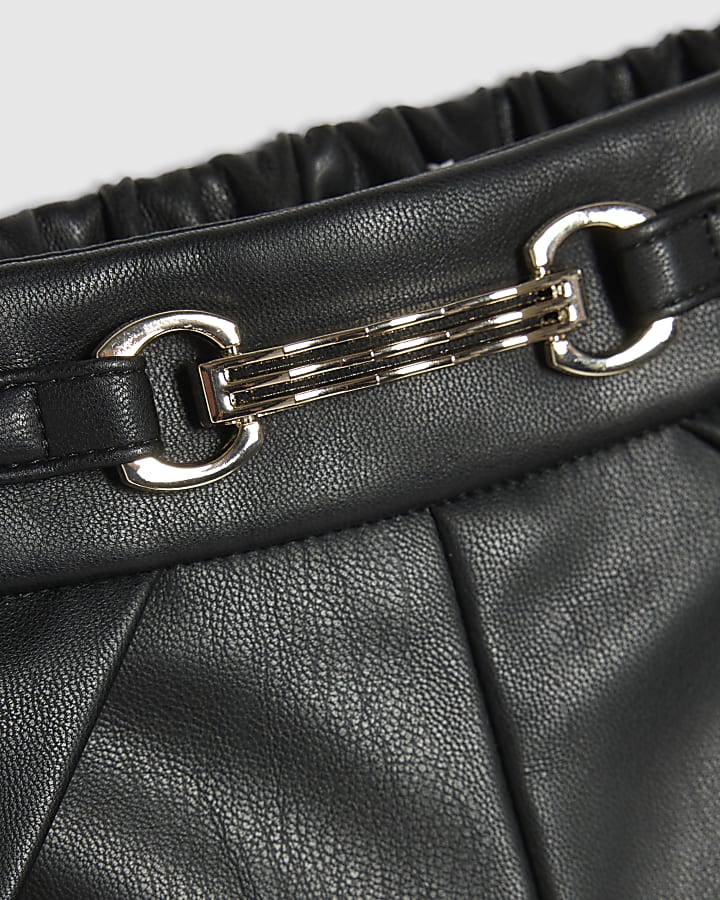 Girls Black Faux Leather Tulip Pleated Shorts