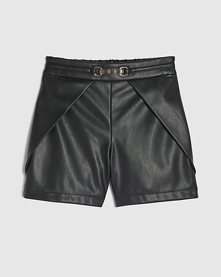 Girls Black Faux Leather Tulip Pleated Shorts