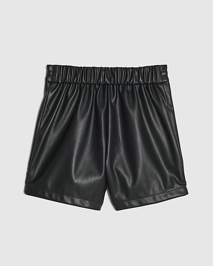Girls Black Faux Leather Tulip Pleated Shorts