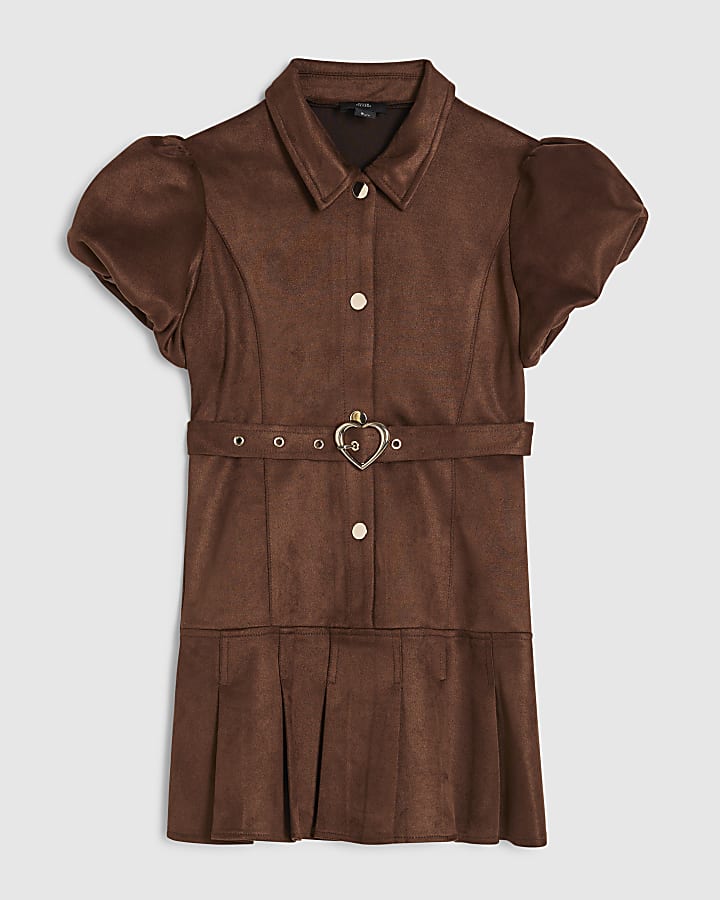 Girls Brown Faux Suede Belted Shirt Dress