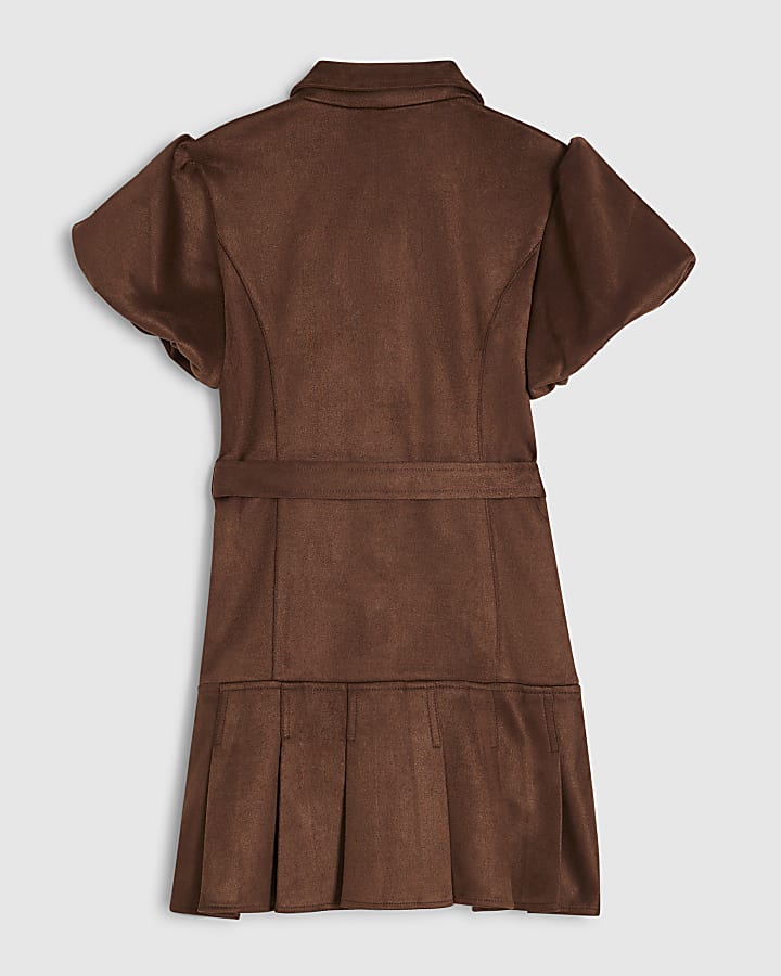 Girls Brown Faux Suede Belted Shirt Dress