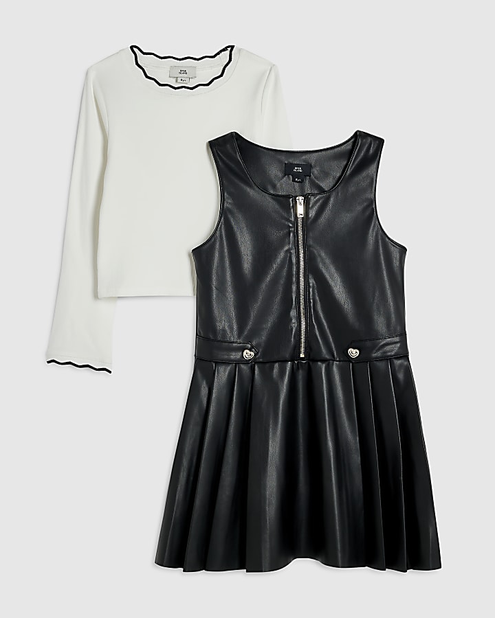 Girls Black Heart Stud Pleated Pinafore Dress
