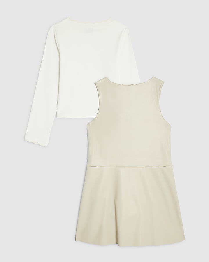 Girls Cream Heart Stud Pleated Pinafore Dress