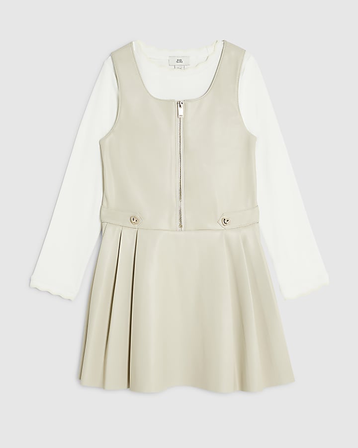 Girls Cream Heart Stud Pleated Pinafore Dress