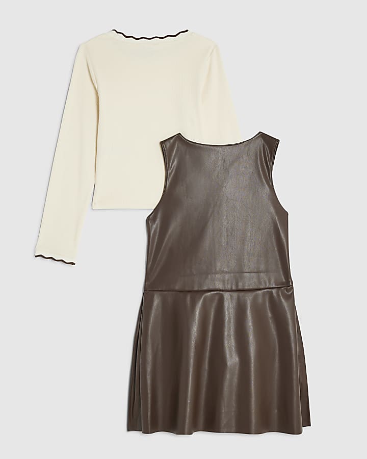 Girls Brown Heart Stud Pleated Pinafore Dress