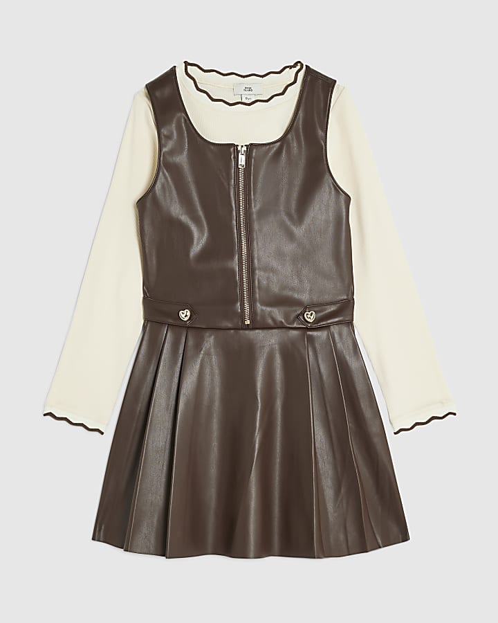 Girls Brown Heart Stud Pleated Pinafore Dress
