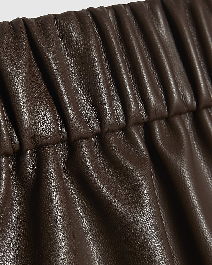 Girls Brown Faux Leather Tulip Pleated Shorts
