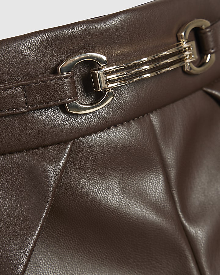 Girls Brown Faux Leather Tulip Pleated Shorts