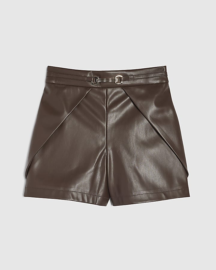 Girls Brown Faux Leather Tulip Pleated Shorts