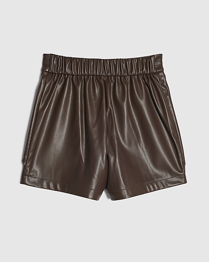 Girls Brown Faux Leather Tulip Pleated Shorts