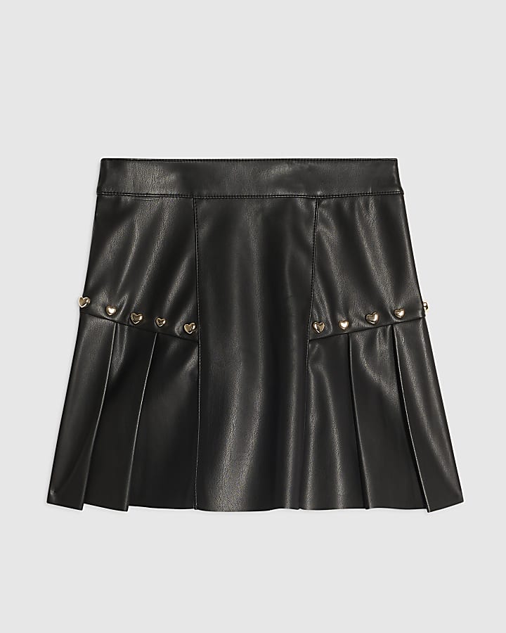 Girls Black Heart Studded Pleated Skirt