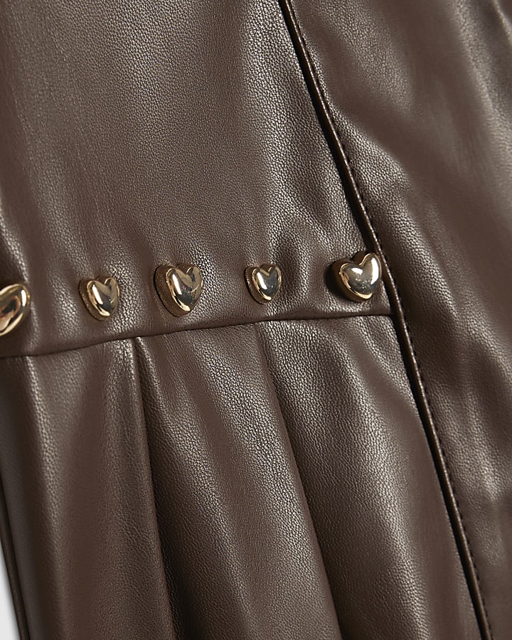 Girls Brown Heart Studded Pleated Skirt