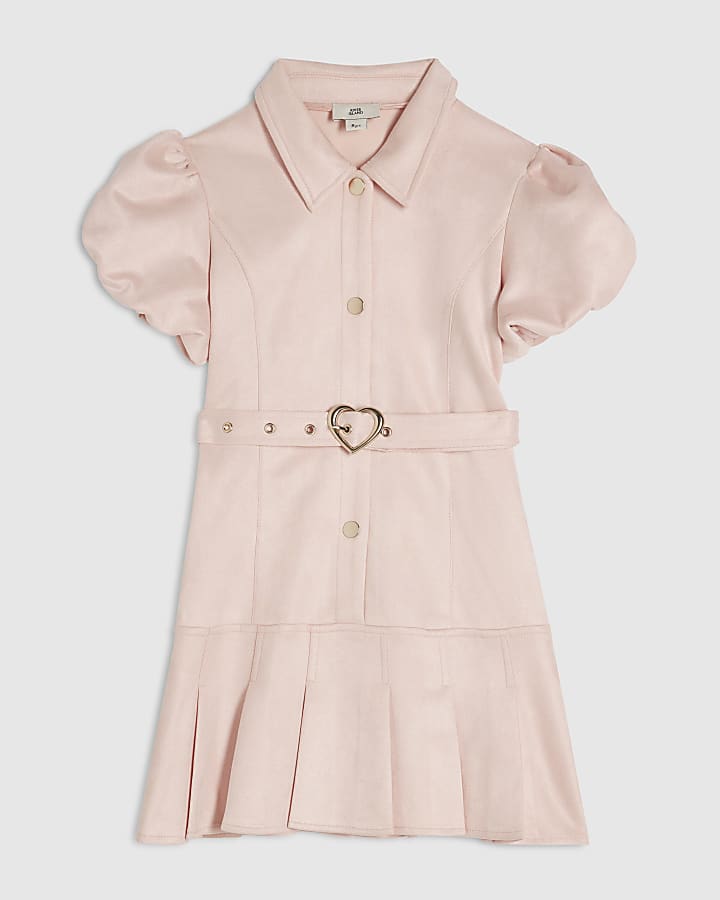 Girls Pink Faux Suede Belted Shirt Dress