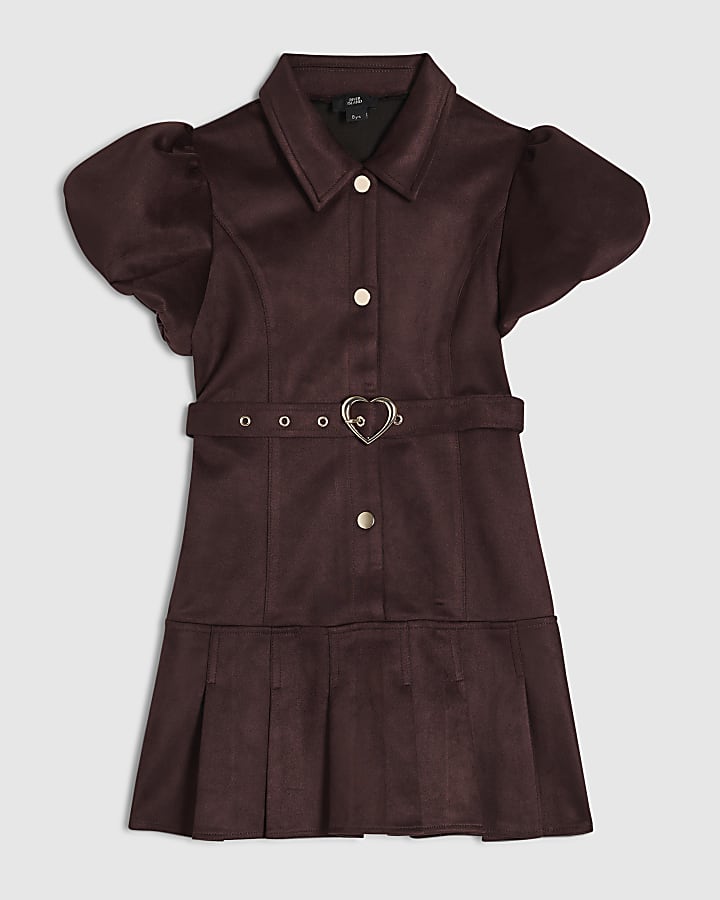 Girls Red Faux Suede Belted Shirt Dress