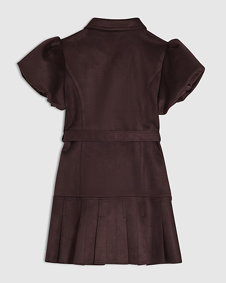Girls Red Faux Suede Belted Shirt Dress